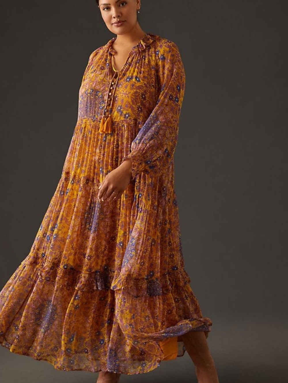 Anthropologie Marias Floral Printed Chiffon Maxi Dress Size L Yellow Purple